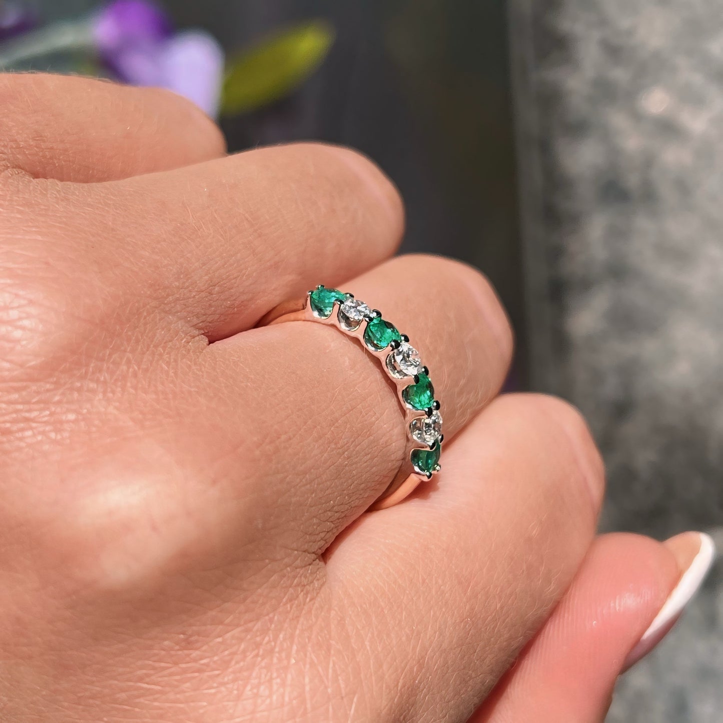 9ct Yellow Gold Green Emerald and Diamond Dainty Eternity Ring - Size O