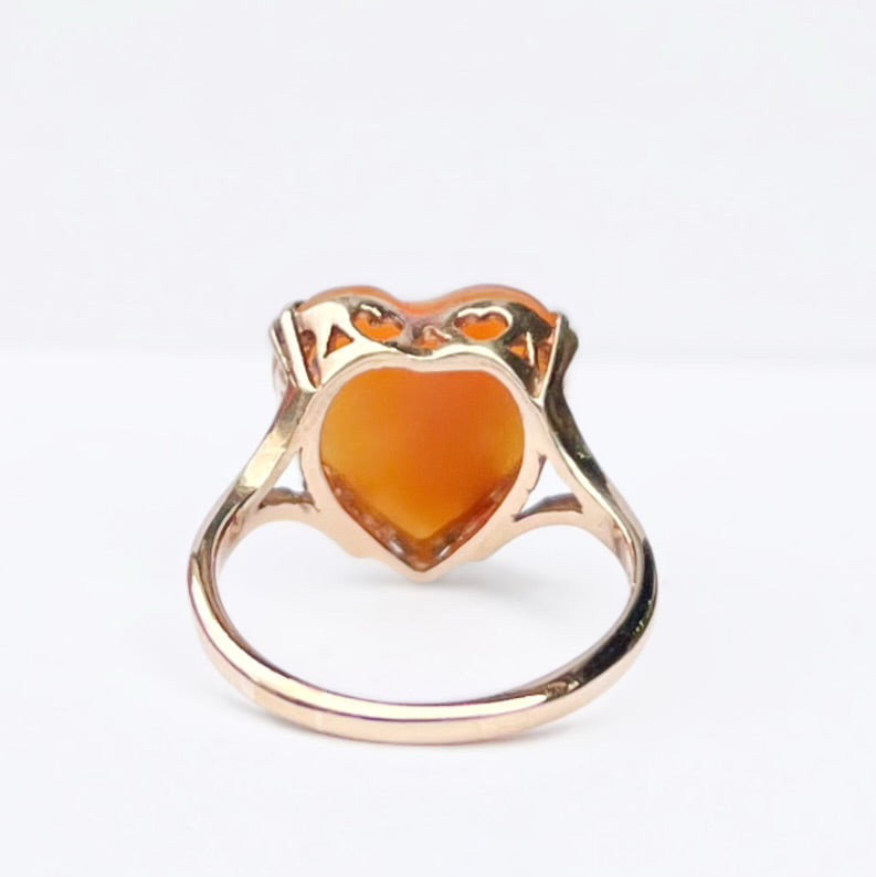 Vintage 9ct Yellow Gold Heart Shaped Cameo Ring - Size L1/2