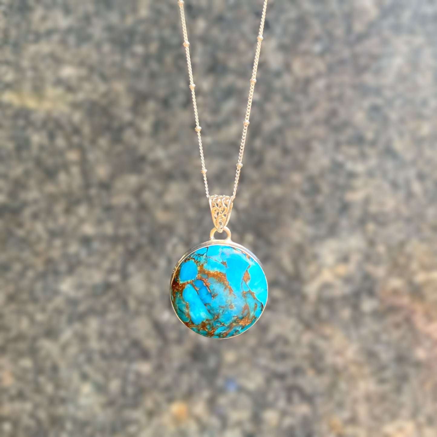 Round Bohemian Inspired Sterling Silver Turquoise Necklace