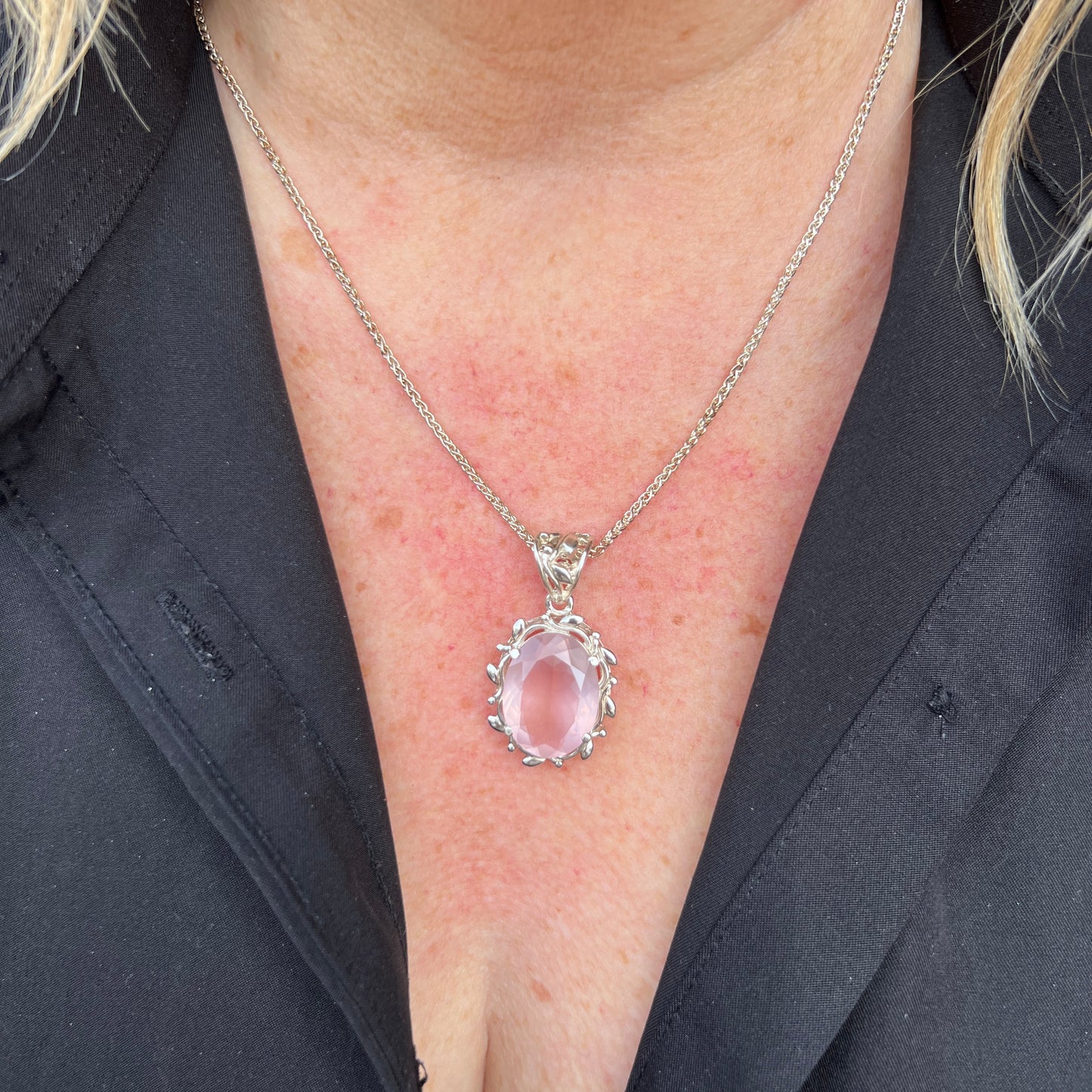 Sterling Silver Pink Rose Quartz Leaf Design Necklace