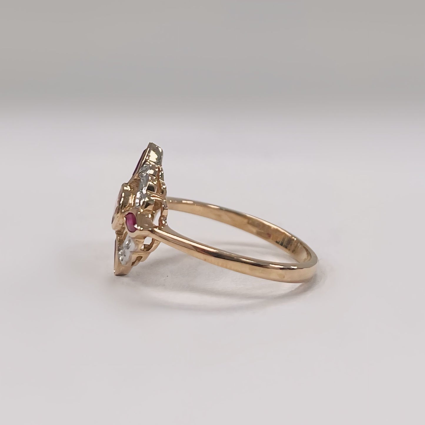 Edwardian Inspired 9ct Yellow Gold Pink Tourmaline Ruby And Diamond Ring - SIZE O