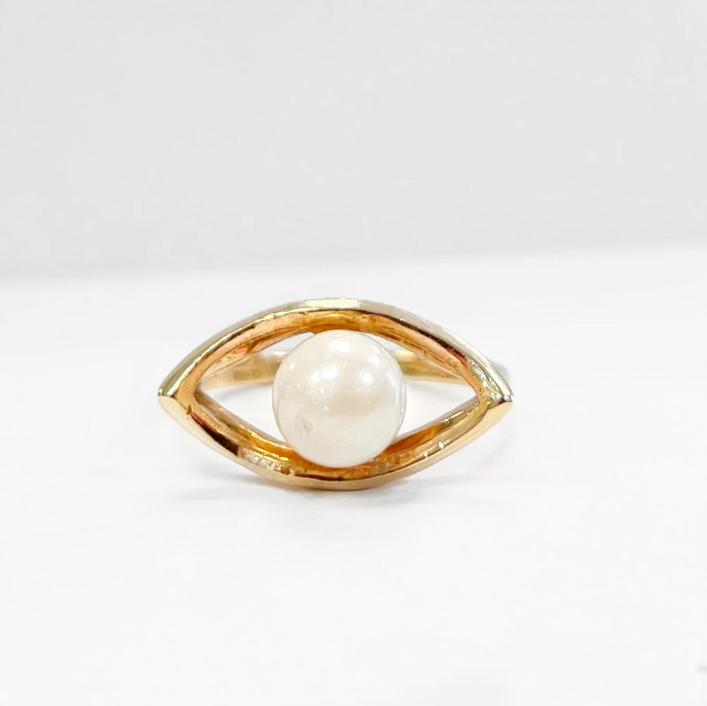 Striking Vintage 9ct Yellow Gold Freshwater Pearl 'Evil Eye' Ring - Size N