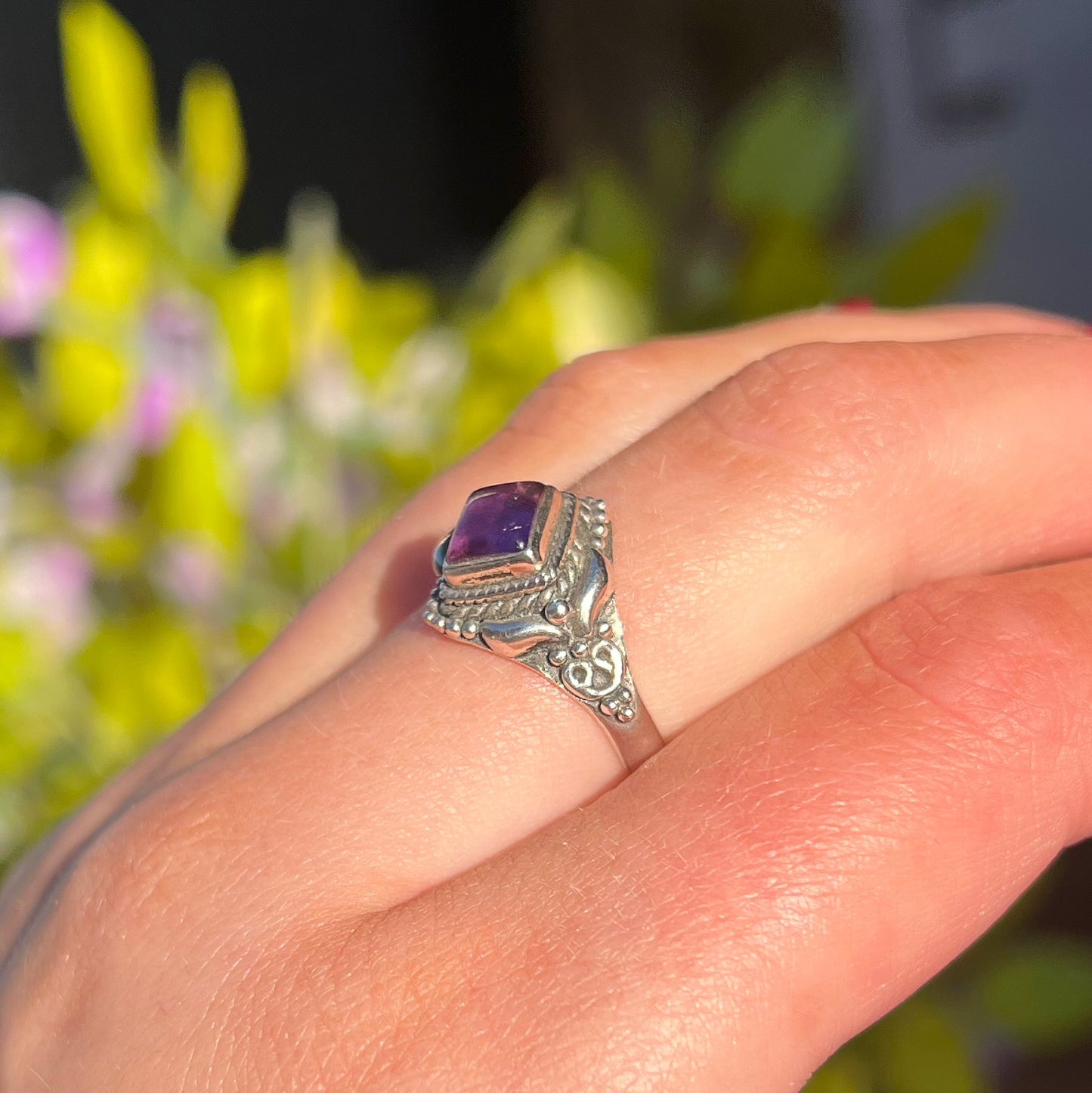 Boho Inspired Dainty Cabochon Amethyst Ring - Size N