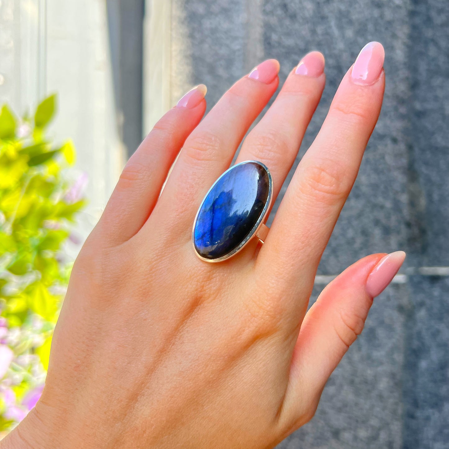 Chunky Sterling Silver Dark Blue Labradorite Ring - Adjustable Size