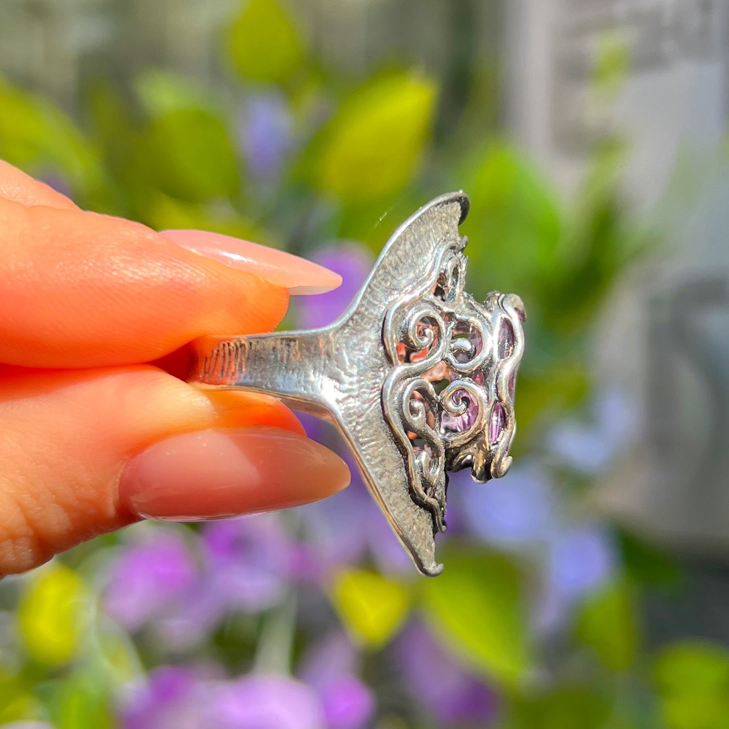 Swirl Sterling Silver Amethyst Ring - Size R