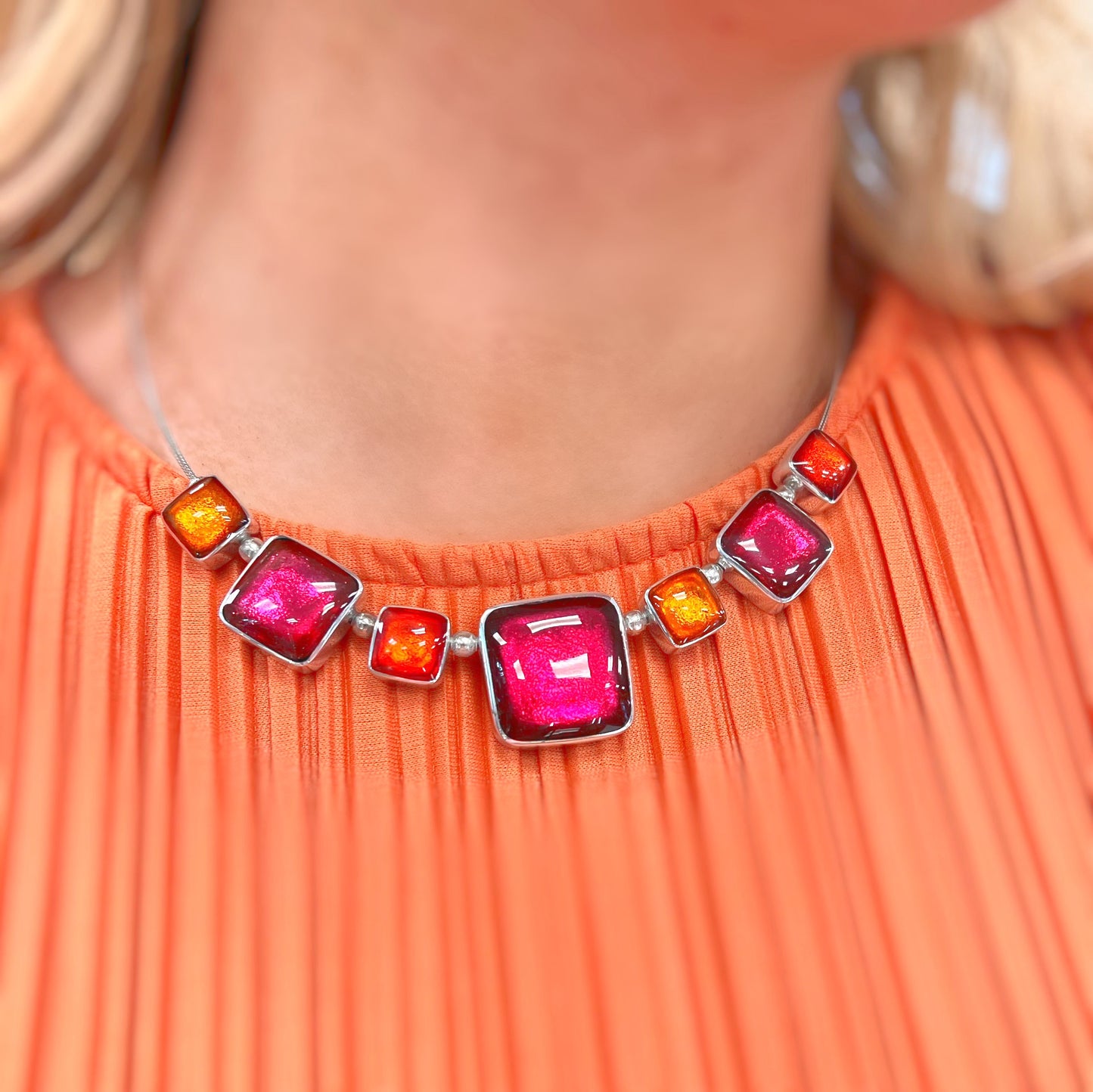 ‘Watch This Space’ Pink & Orange Square Necklace