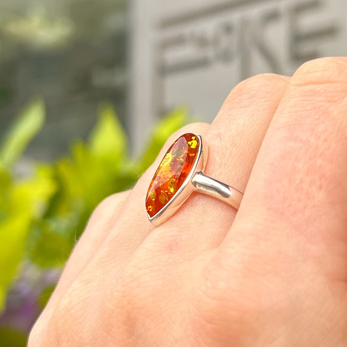 Sterling Silver Orange Amber Marquise Cut Ring - Size M