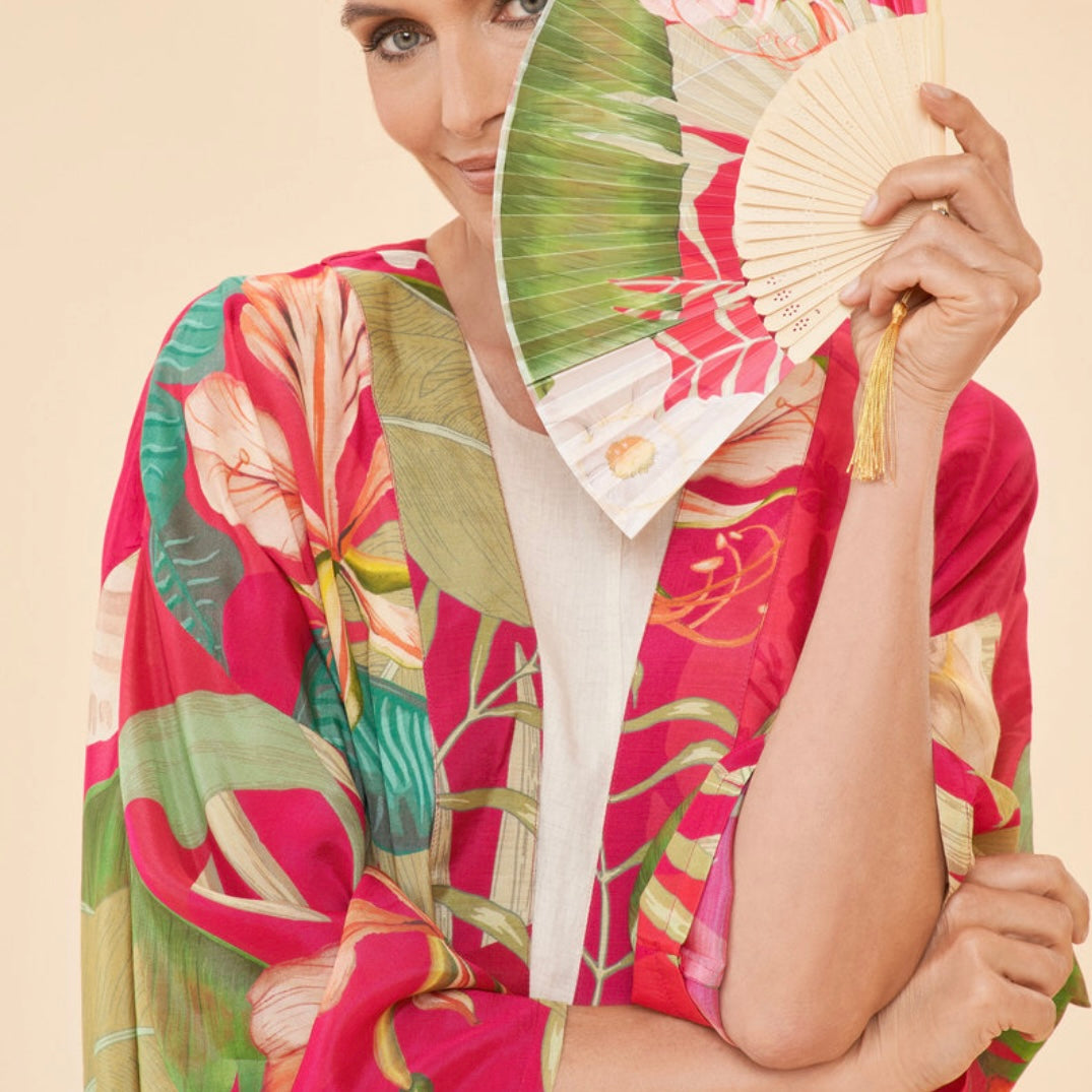 Powder Accessories Pink Floral Tropical Print Long Kimono Gown