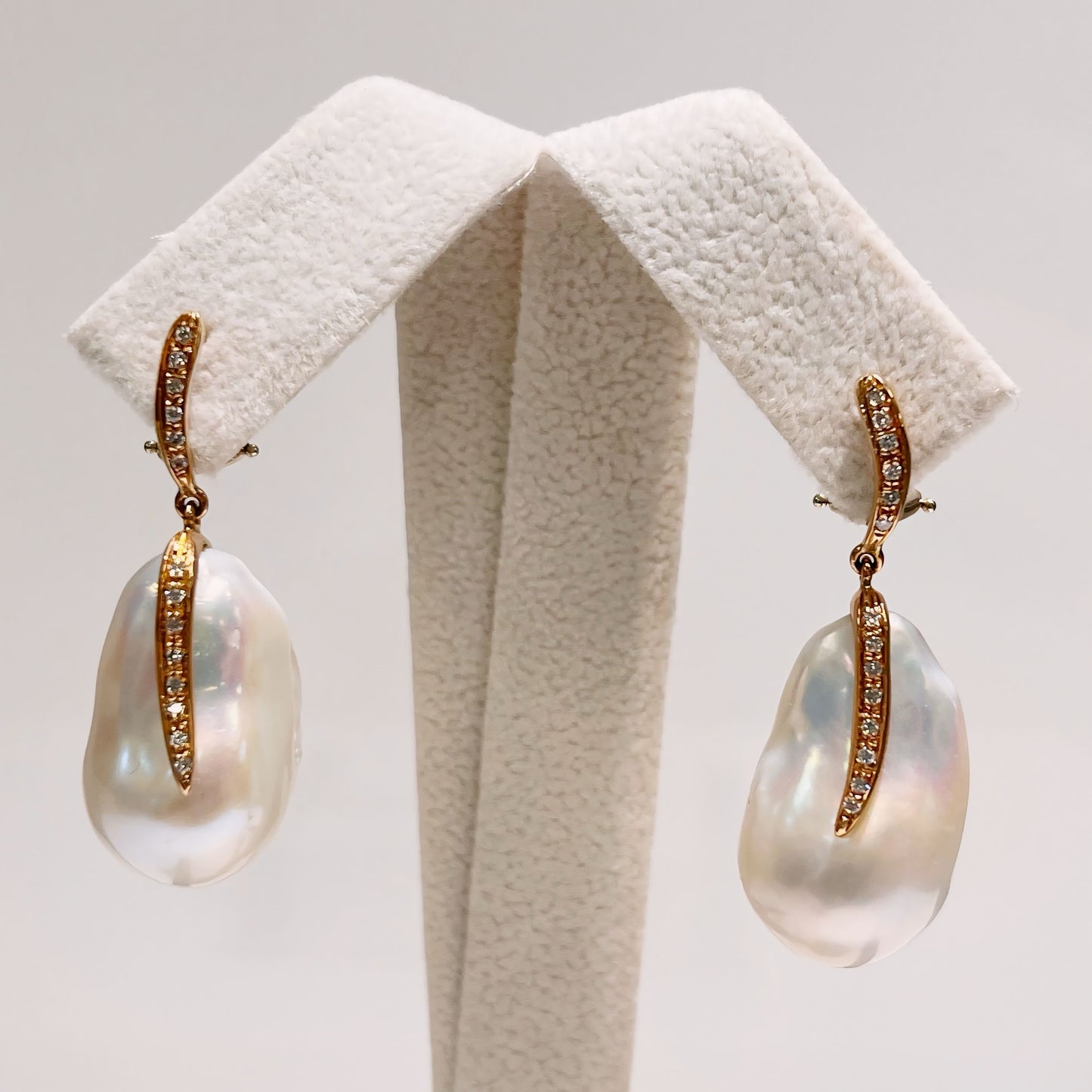 Large White Baroque Pearl Set In 18ct Rose Gold With Diamonds Drop Earrings