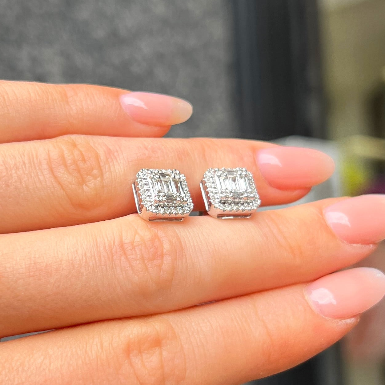 9ct White Gold Square Diamond Stud Earrings