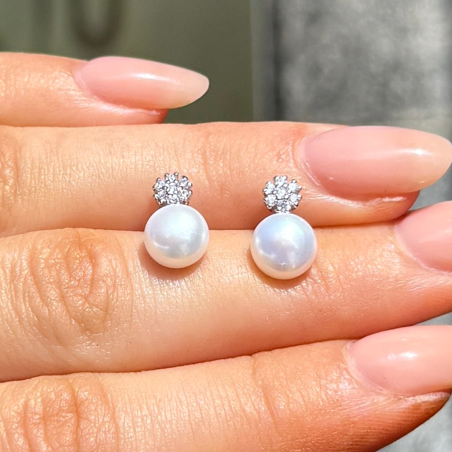 Pearl & Cubic Zirconia Halo Sterling Silver Stud Earrings