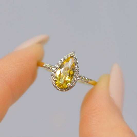 The Belle Ring - 9ct Yellow Gold Citrine and Diamond Pear Halo Size N