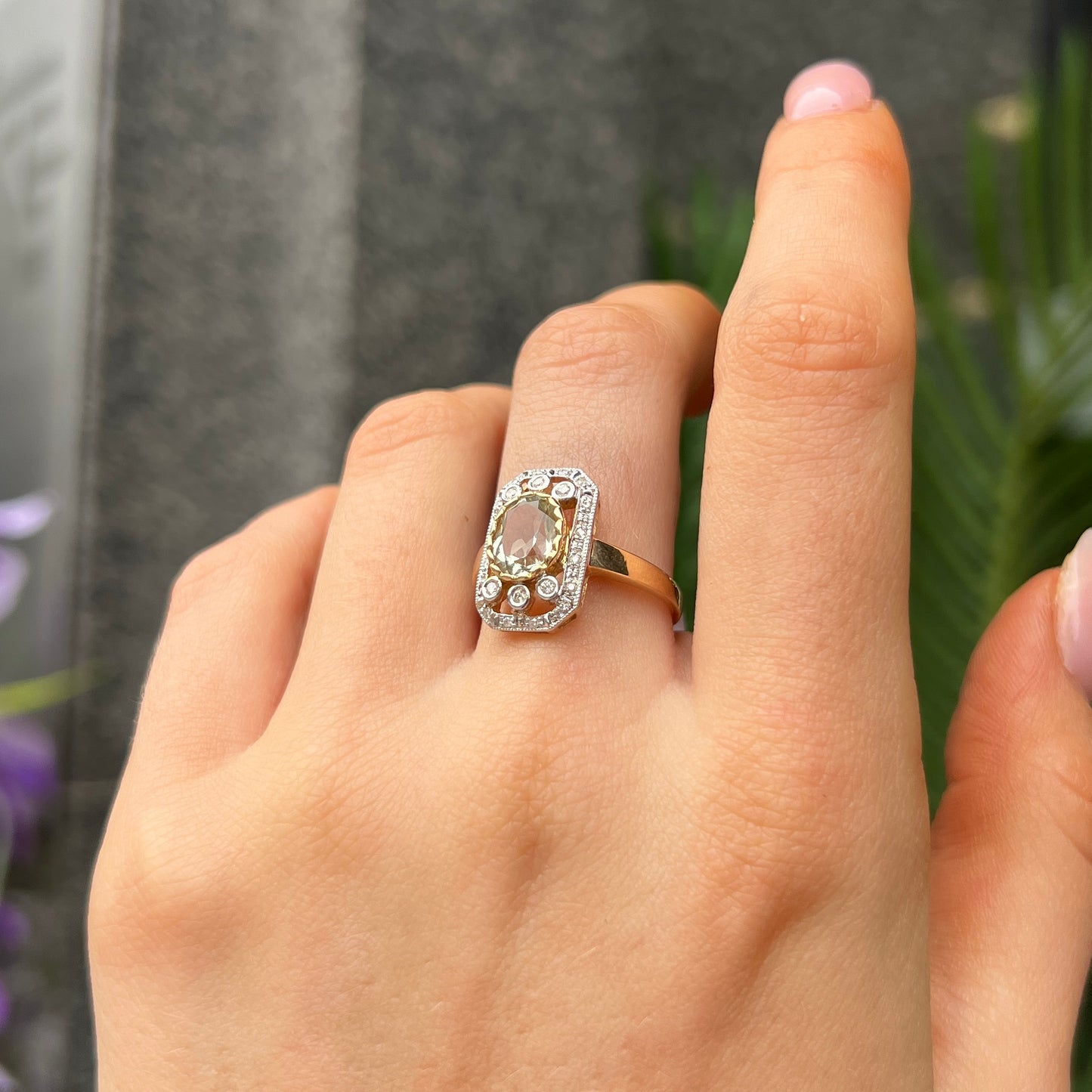 9ct Yellow Gold Green Amethyst and Diamond Ring - Size M