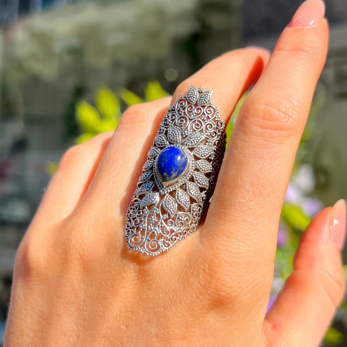 XL Chunky Sterling Silver Boho Blue Lapis Lazuli Ring - Size O