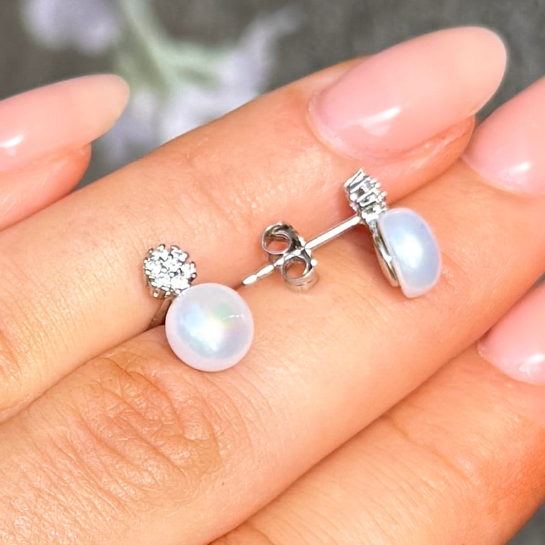 Pearl & Cubic Zirconia Halo Sterling Silver Stud Earrings