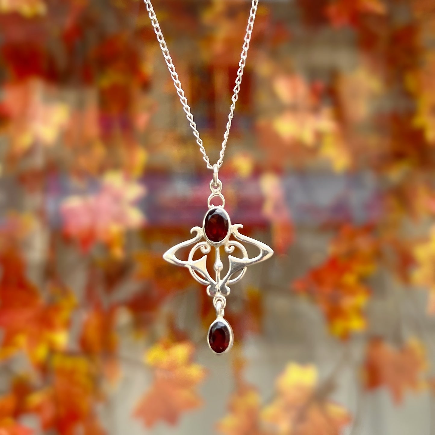 Sterling Silver Garnet Art Nouveau Inspired Necklace