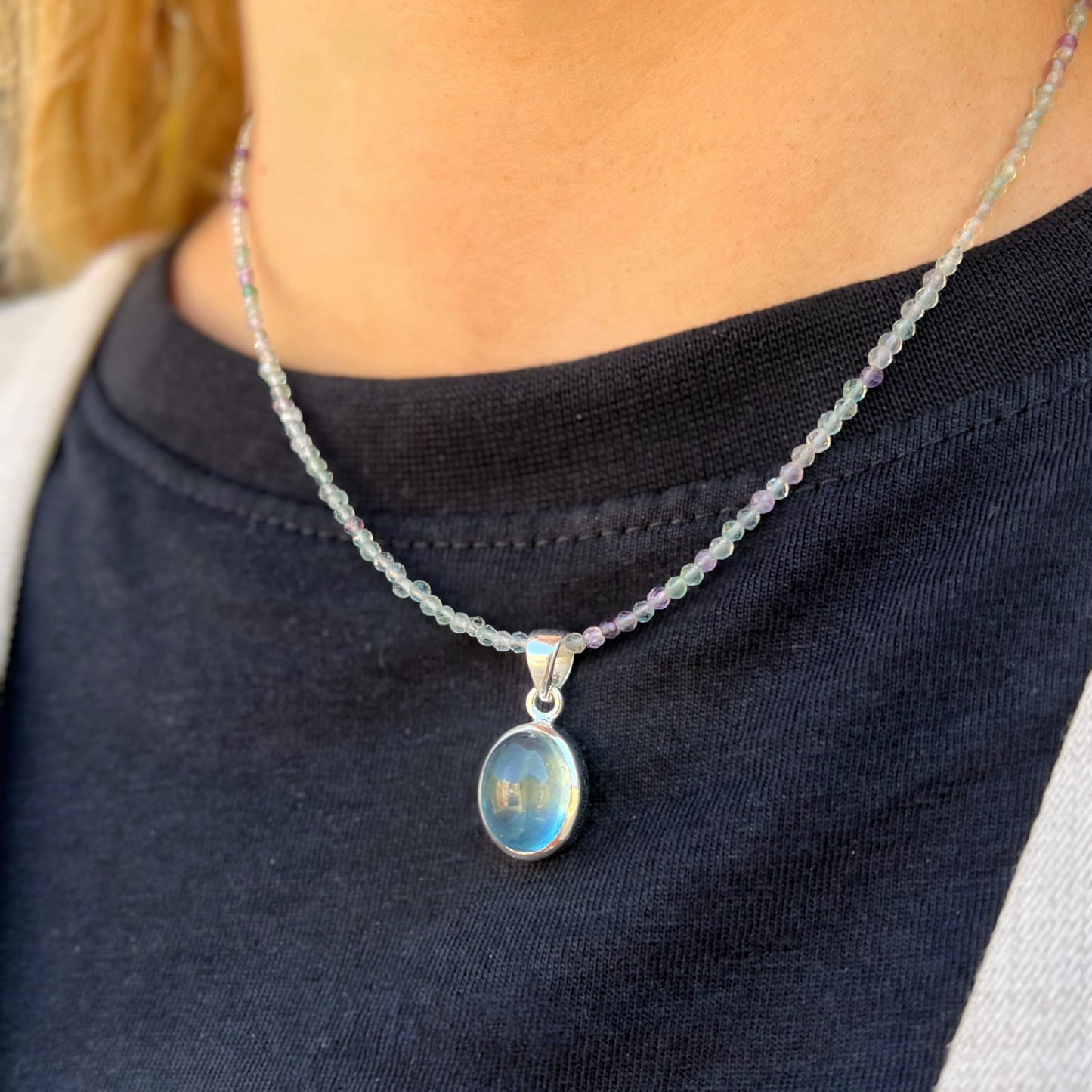 Mystical Sterling Silver Dreamy Aquamarine and Fluorite Beaded Chain Necklace