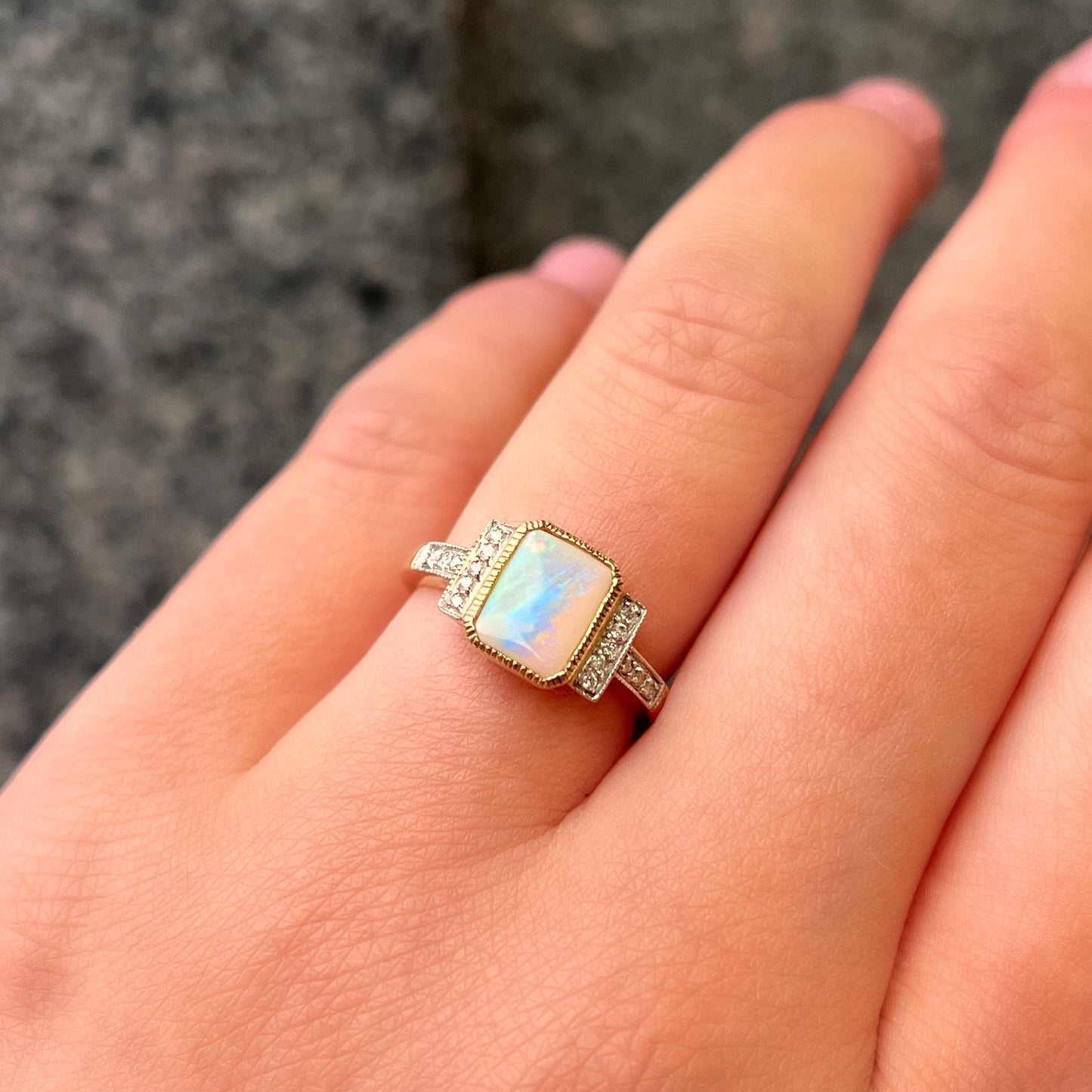 Structured Designer Inspired 9ct Yellow Gold Opal and Diamond Ring – Size K