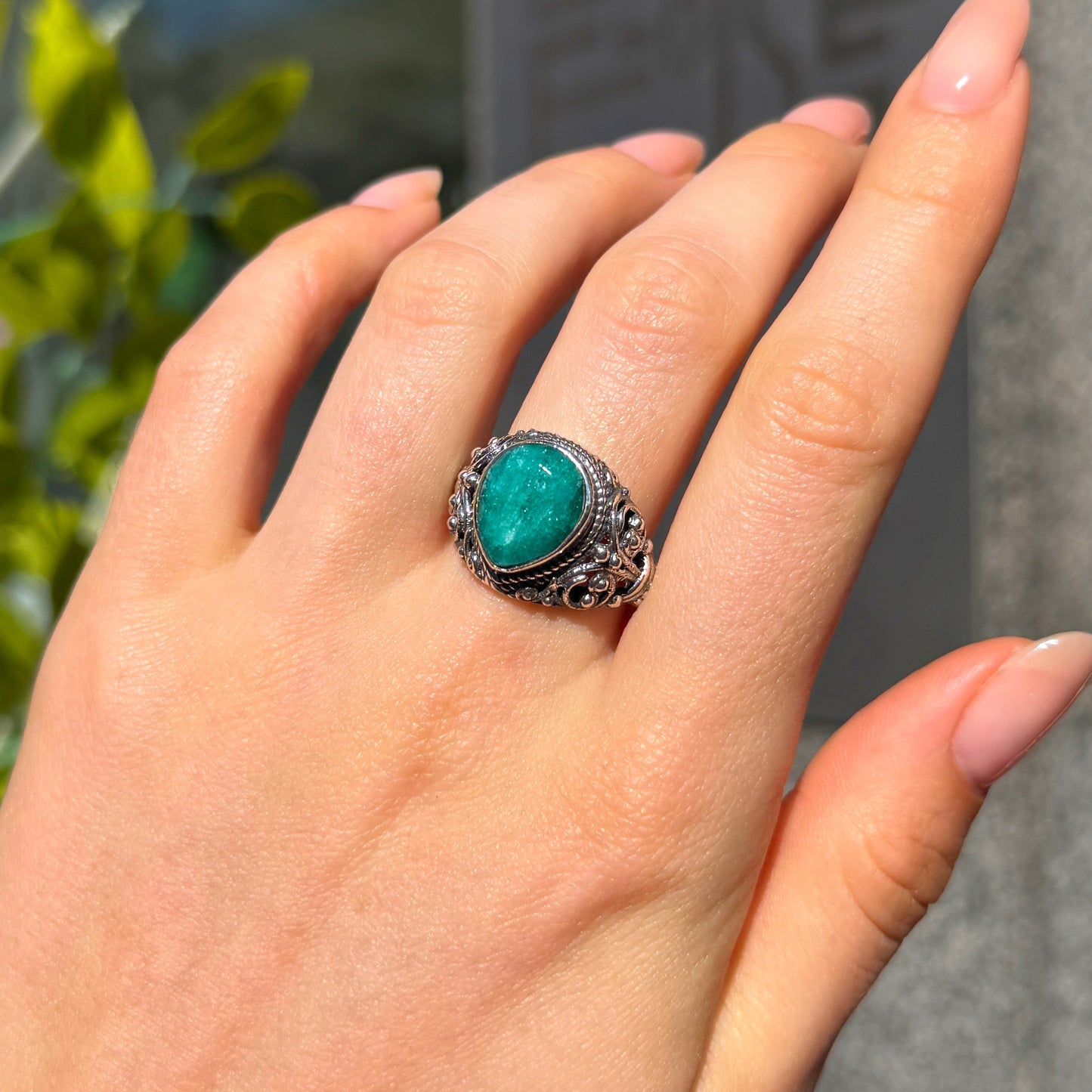 Green Emerald Sterling Silver Boho Ring