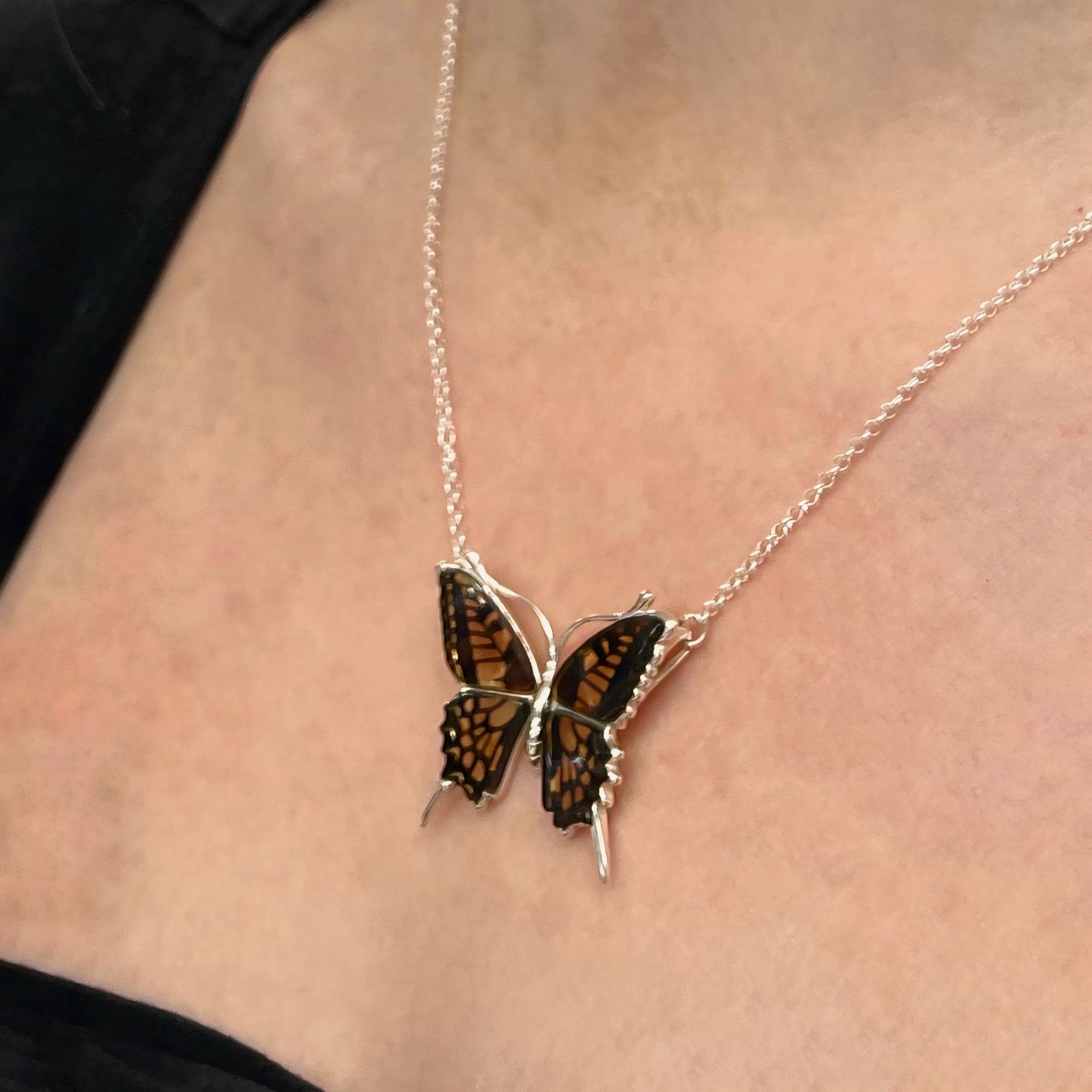 Large Sterling Silver Amber Blue Morpho Butterfly Necklace