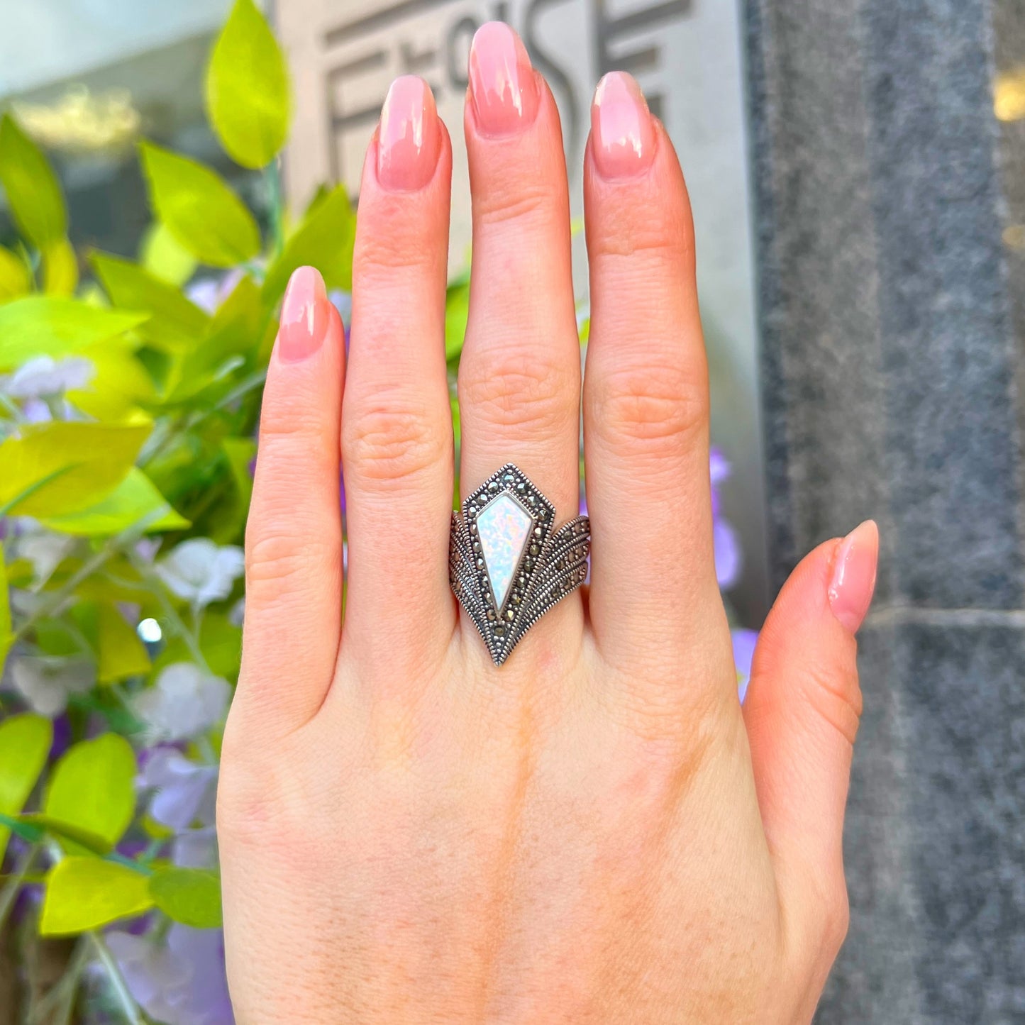 Unique Sterling Silver Opal & Marcasite Ring - Size M