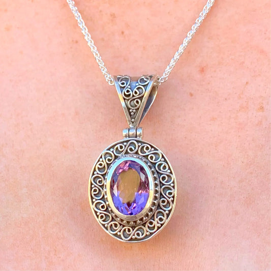Chunky Sterling Silver Oval Purple Amethyst Filigree Pendant