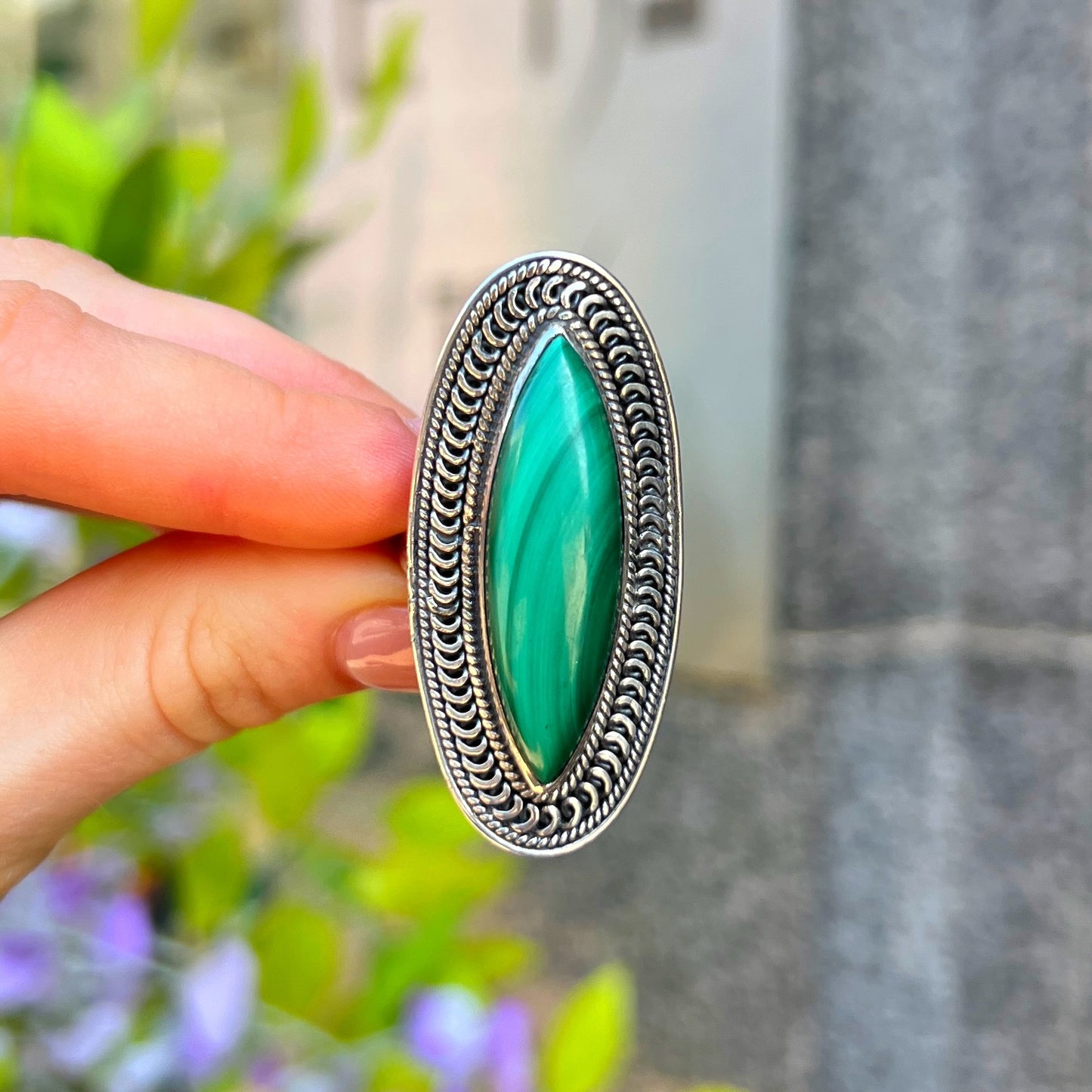 XL Chunky Boho Inspired Green Malachite Ring - Size R