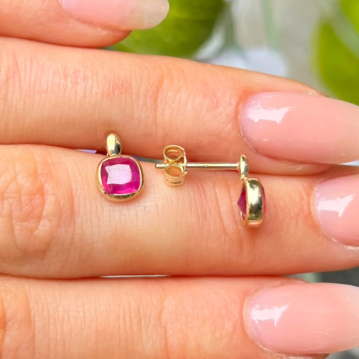Dainty 9ct Yellow Gold Pink Ruby Square Stud Earrings
