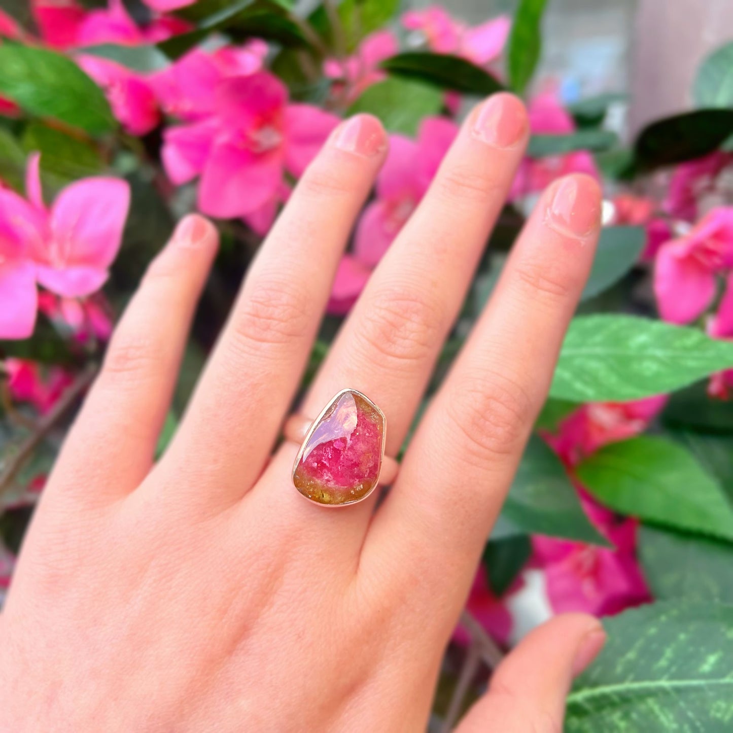 Sterling Silver Watermelon Tourmaline Ring - Size R 1/2