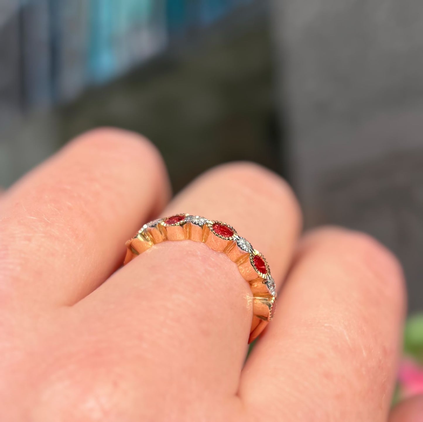 RARE 9ct Yellow Gold Orange Sapphire and Diamond Half Eternity Ring - Size O