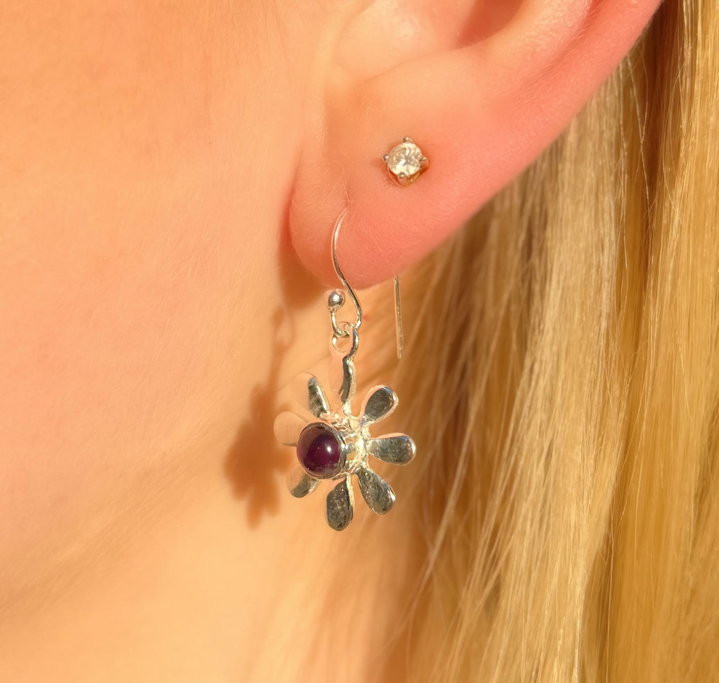 Sweet Sterling Silver Amethyst Flower Drop Earrings