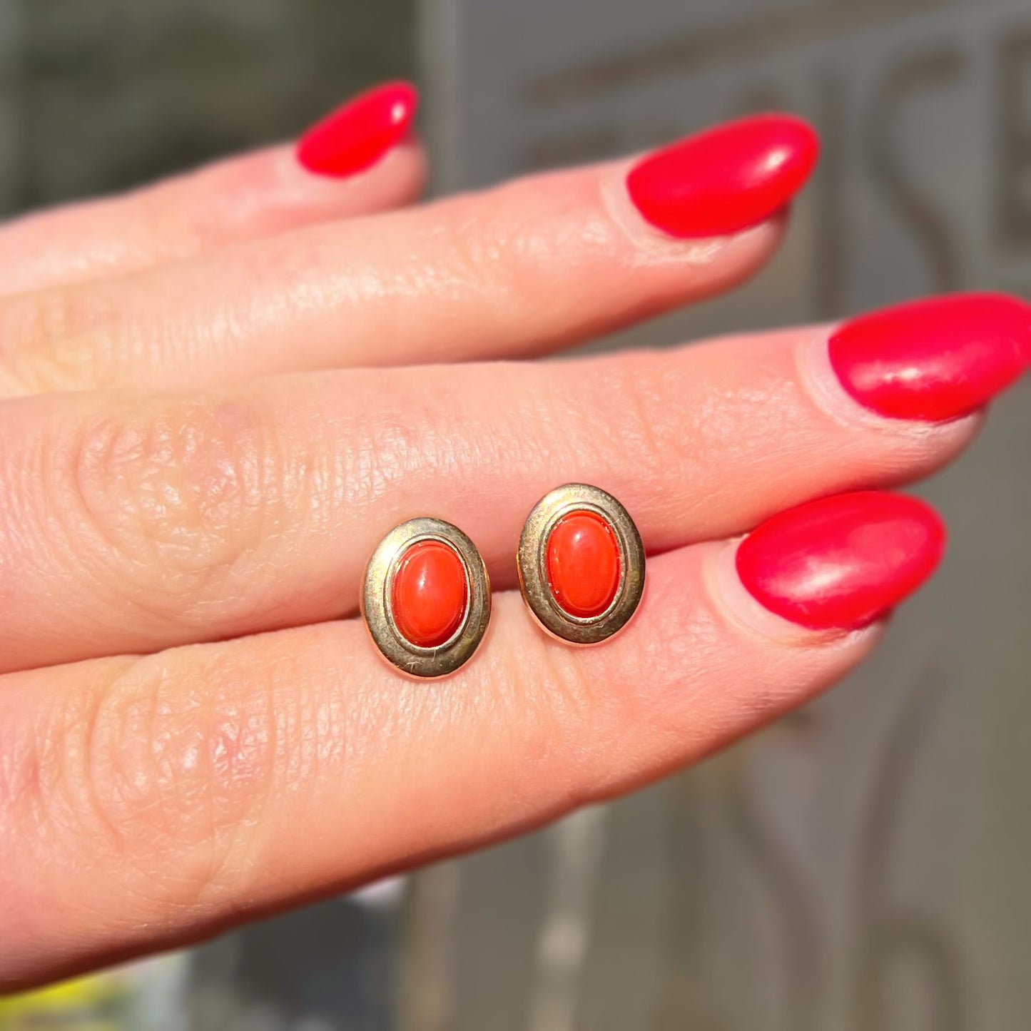 Rare 9ct Yellow Gold Oval Coral Stud Earrings