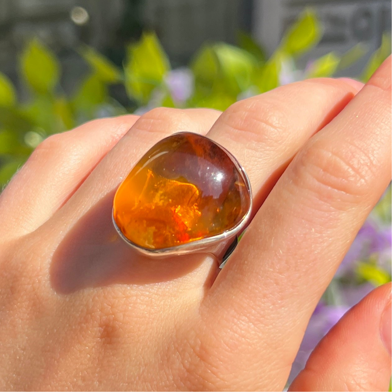 Super Chunky Sterling Silver Orange Amber Ring - Adjustable Size
