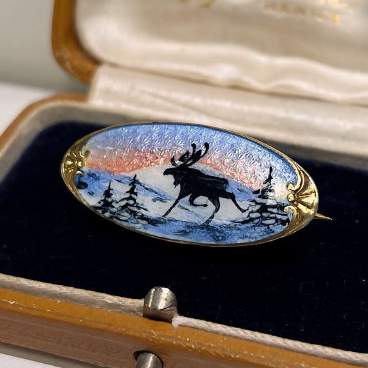Vintage Gold on Silver Scandinavian Winter Scene Enamel Brooch