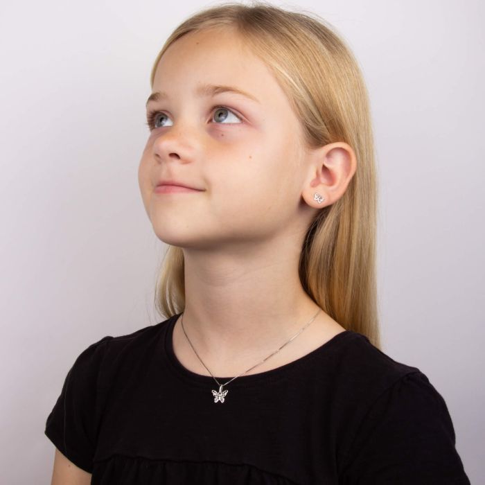 ‘D for Diamond’ Children’s Sterling Silver & Diamond Intricate Filigree Butterfly Necklace