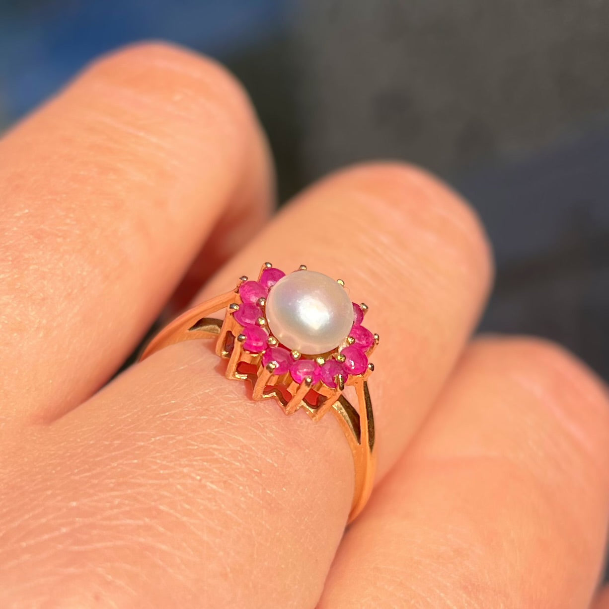 RARE Vintage 14K Gold Ruby and Pearl Cluster Ring - Size O ½