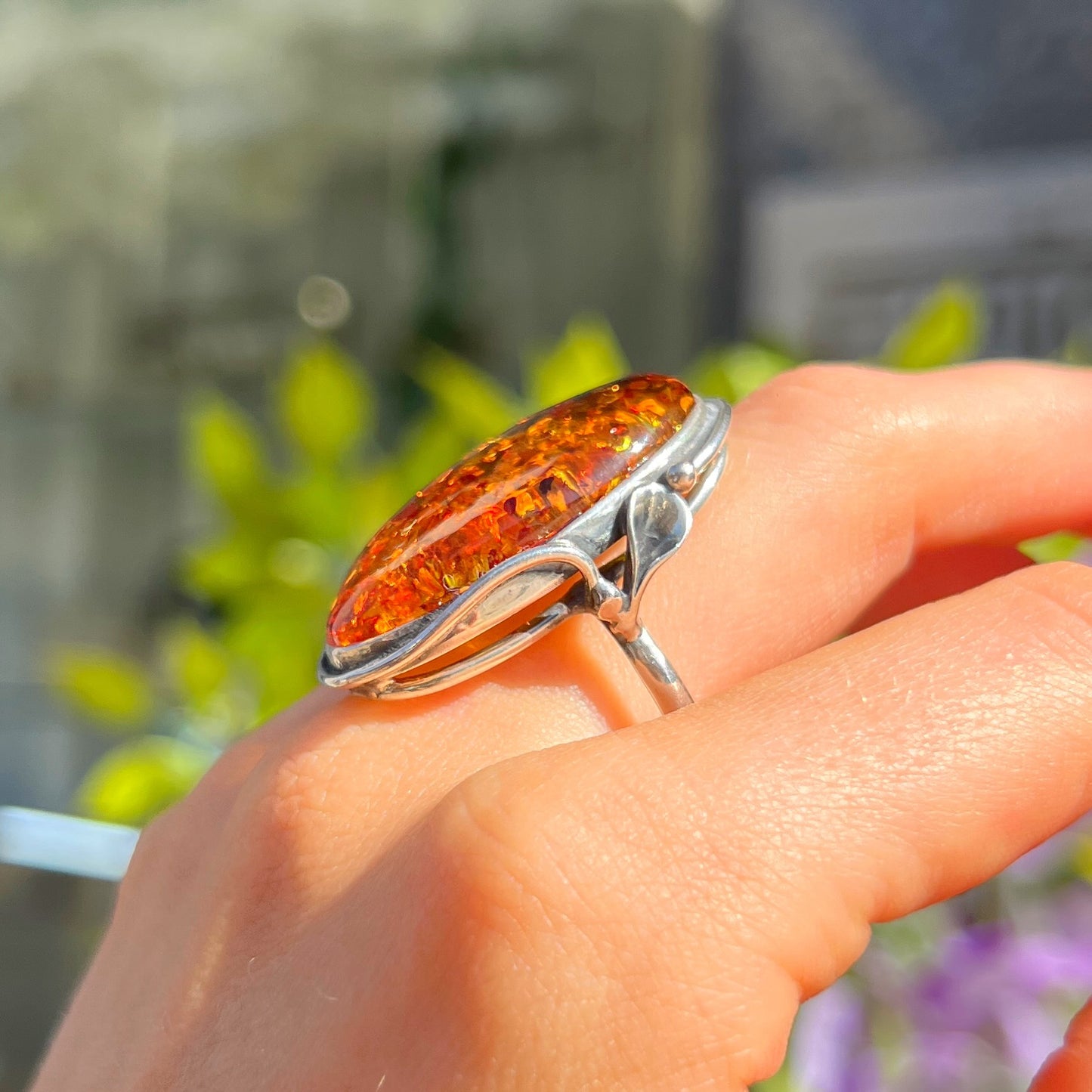 Super Chunky Sterling Silver Orange Amber Ring - Size V