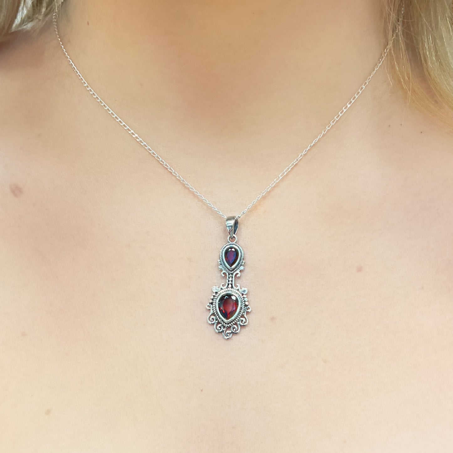 Sterling Silver Boho Inspired Pear Shaped Garnet Necklace