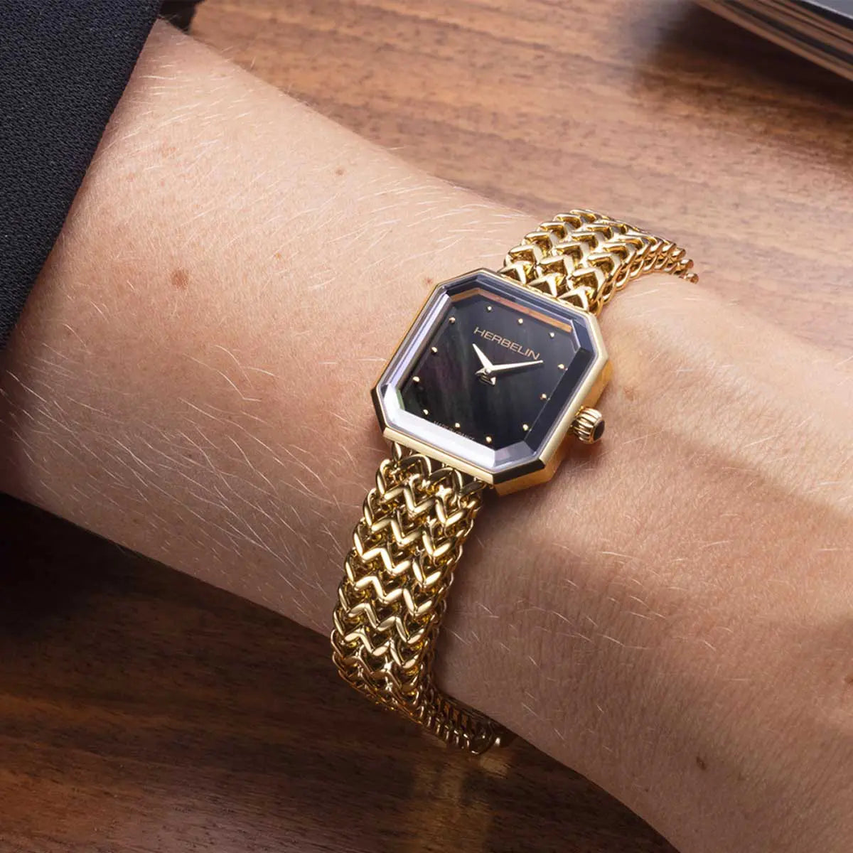 Herbelin Octogône Ladies Steel Gold Watch with Mother of Pearl Black Dial