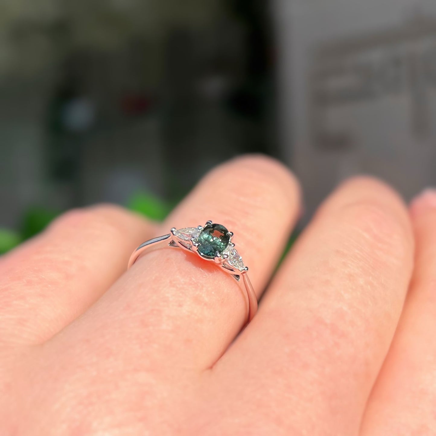 Classic Platinum Green Sapphire and Diamond Trilogy Ring - Size M 1/2