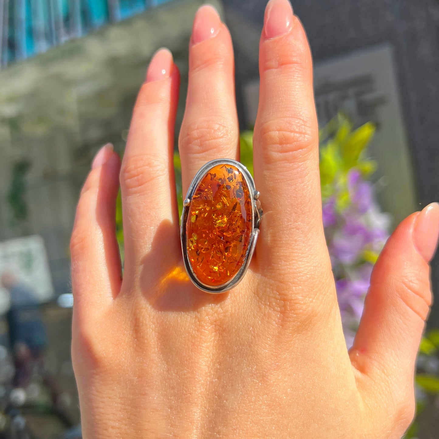 Super Chunky Sterling Silver Orange Amber Ring - Size V