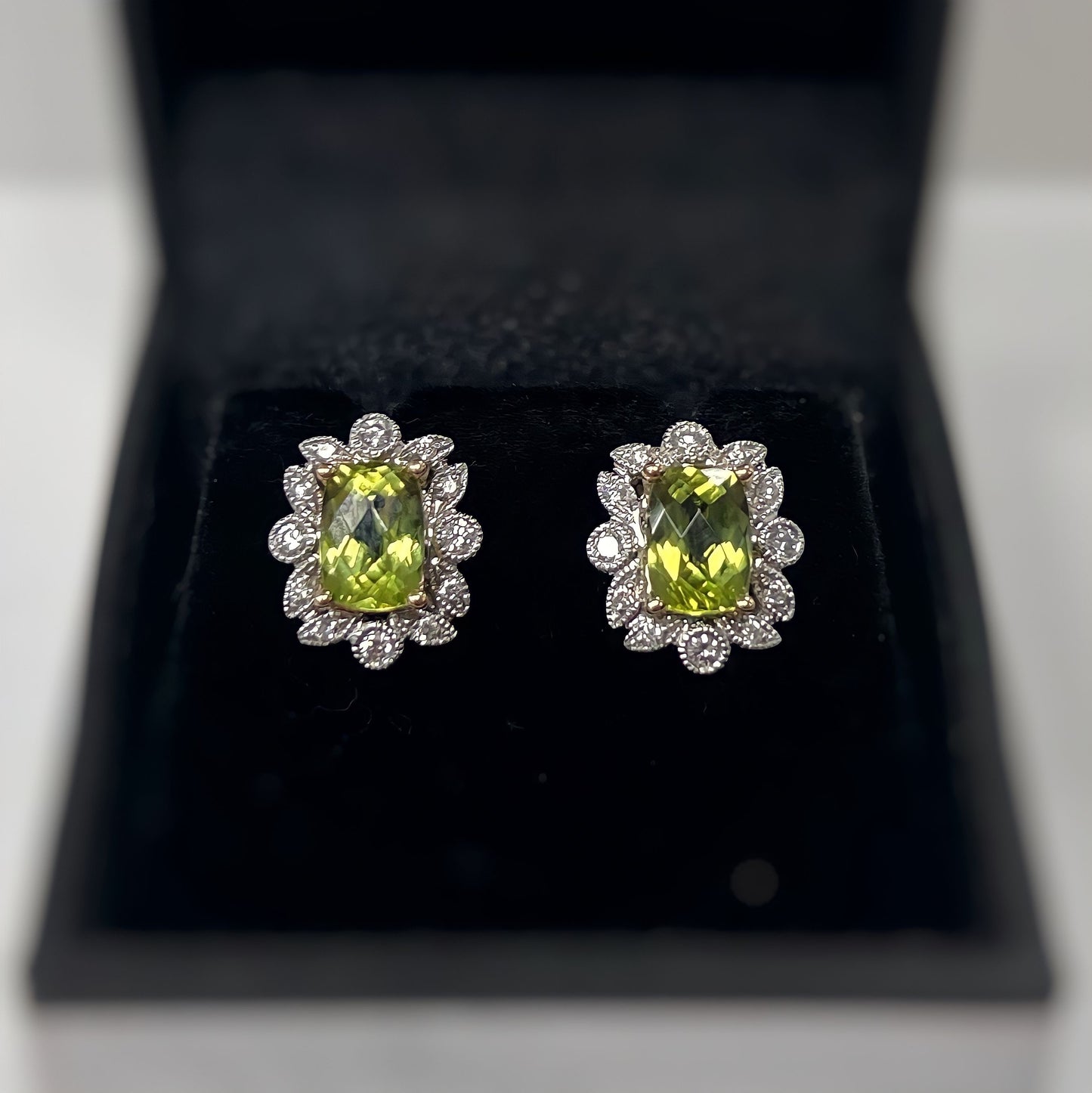 9ct White Gold Peridot and Diamond Cluster Earrings