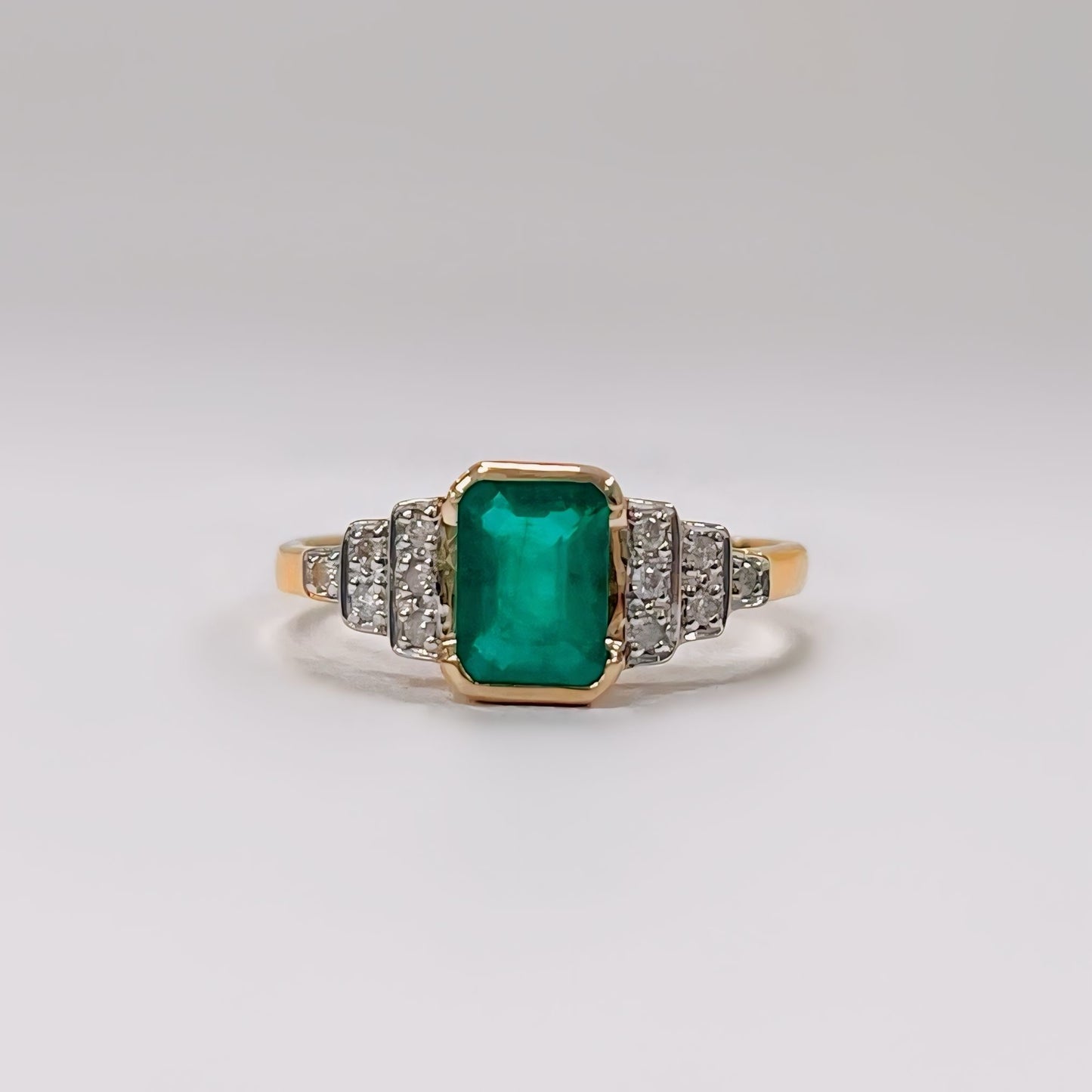 9ct Yellow Gold Art Deco Inspired Emerald and Diamond Ring - Size N ½