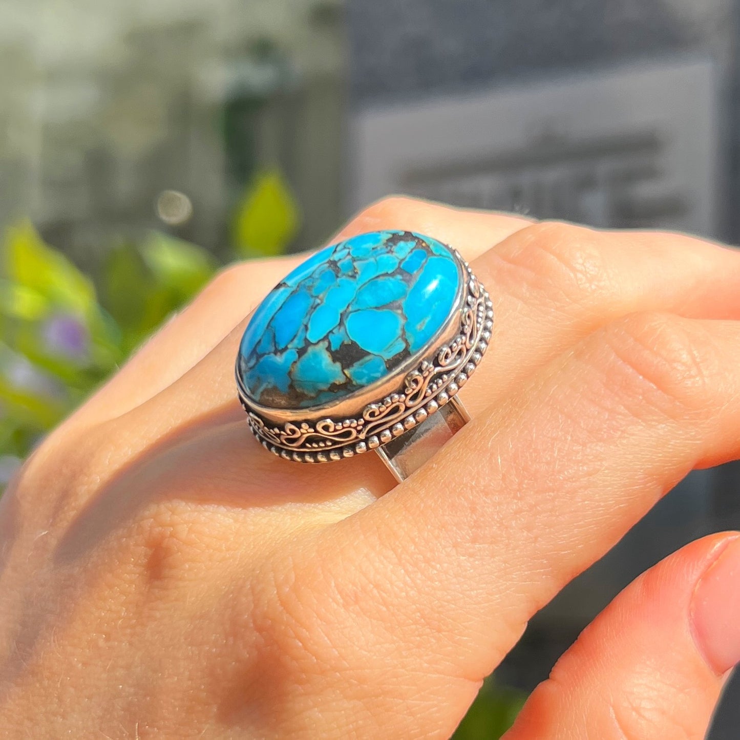 Chunky Sterling Silver Blue Turquoise Boho Ring - Size R