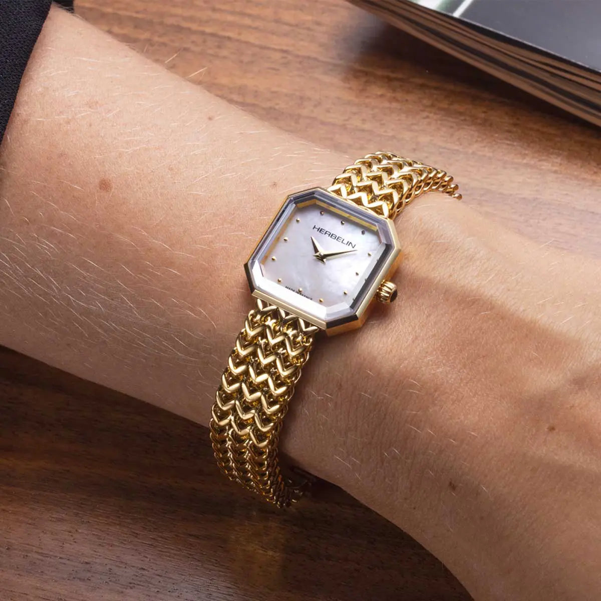 Herbelin Octogône Ladies Steel Gold Watch with Mother of Pearl White Dial