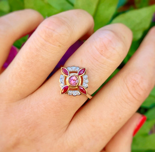 The Sweetheart Ring - Edwardian Inspired 9ct Yellow Gold Pink Tourmaline Ruby And Diamond Ring Size O