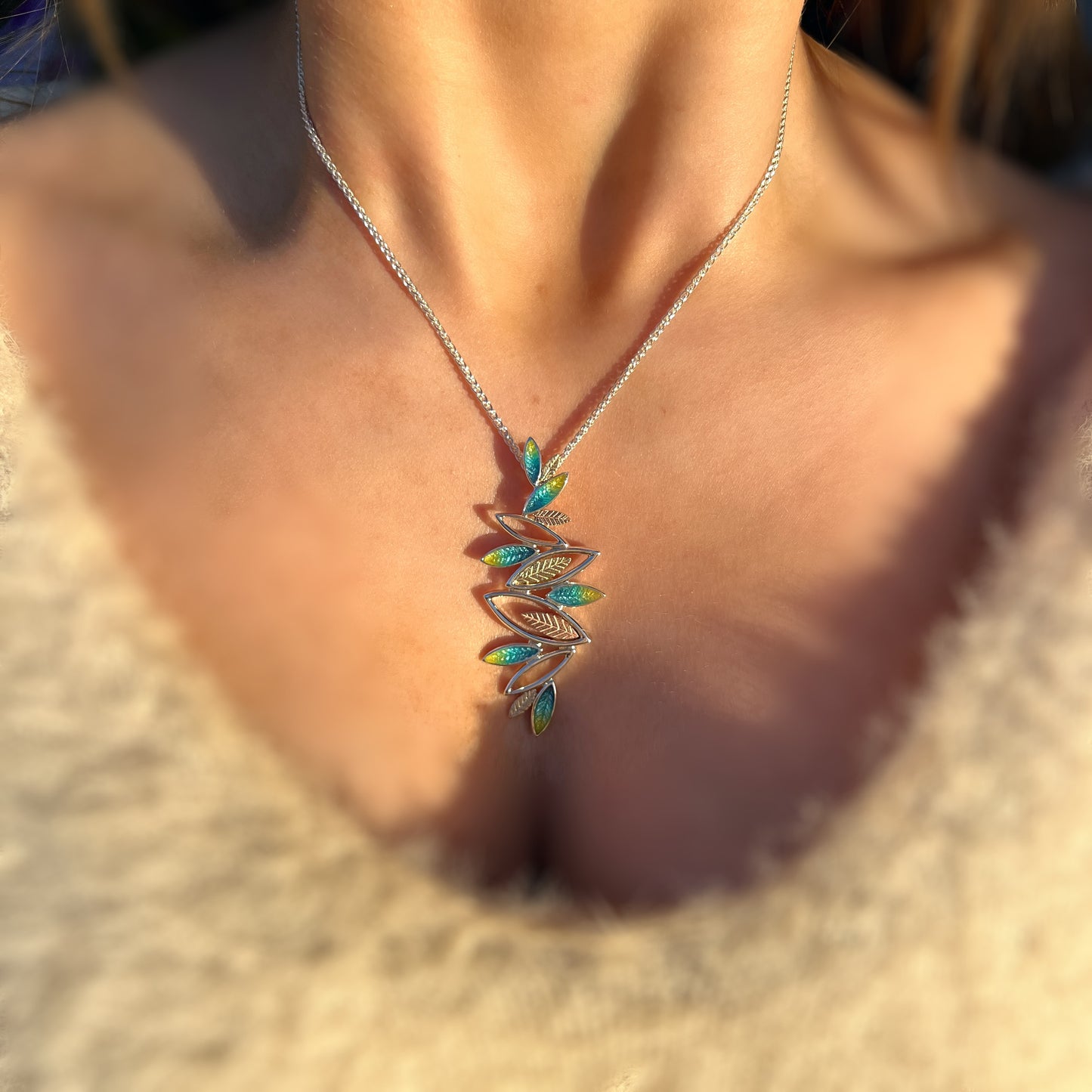 Sterling Silver Sheila Fleet Blue & Green Enamel Leaf Necklac