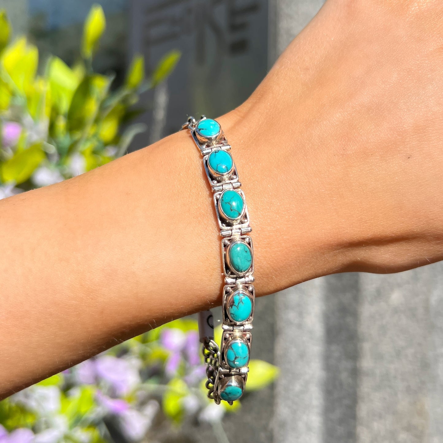 Blue Oval Cut Turquoise Sterling Silver Bracelet