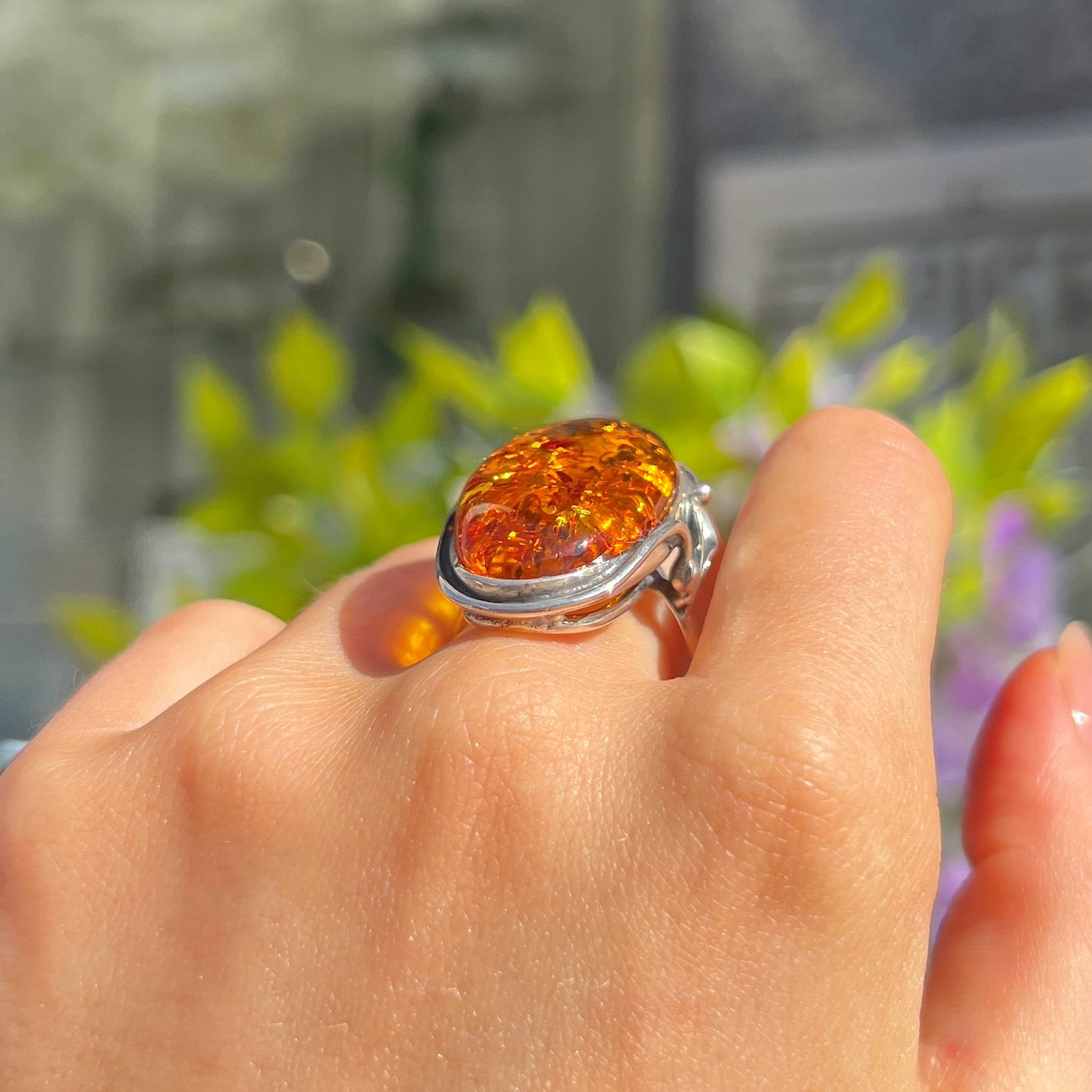 Super Chunky Sterling Silver Orange Amber Ring - Size V