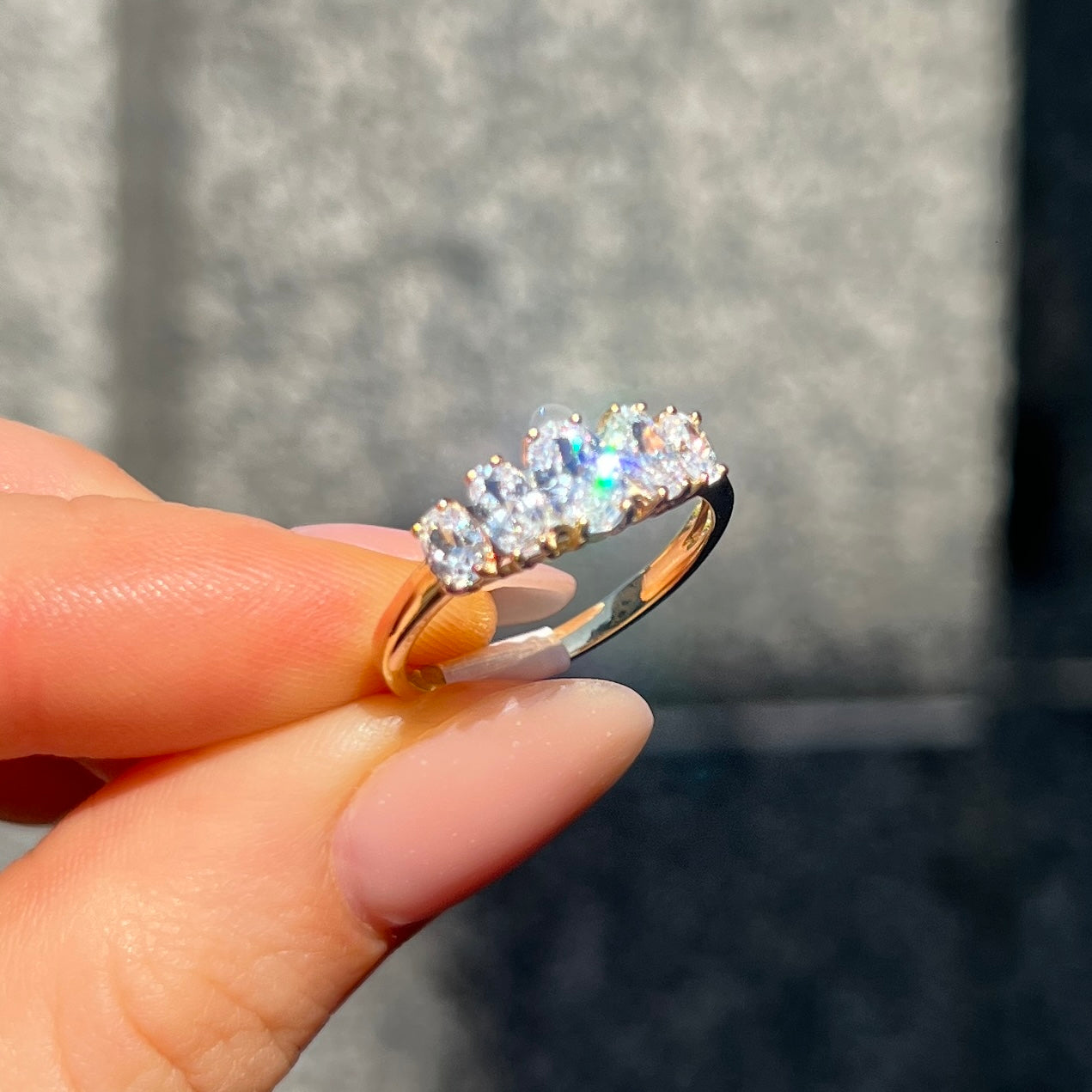 9ct Yellow Gold Oval Cut Five Stone Cubic Zirconia Ring - Size M ½